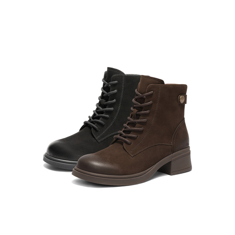 森达马丁靴女2025冬新商场同款潮流户外粗跟短皮靴4CU40DD5