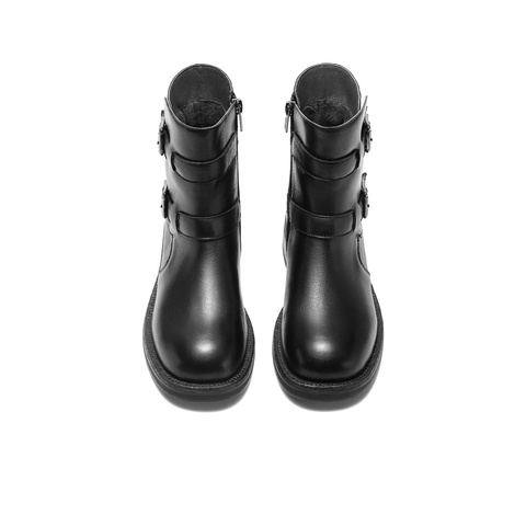 森达西部靴女2025冬新商场同款皮带扣机车风中筒靴XTP01DZ5