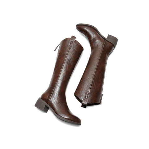 森达西部靴女2025冬季新款商场同款抓纹粗跟长筒靴4QH80DC5