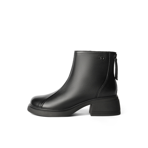 森达休闲靴女2025冬季新款商场同款百搭粗跟短皮鞋XRM01DD5