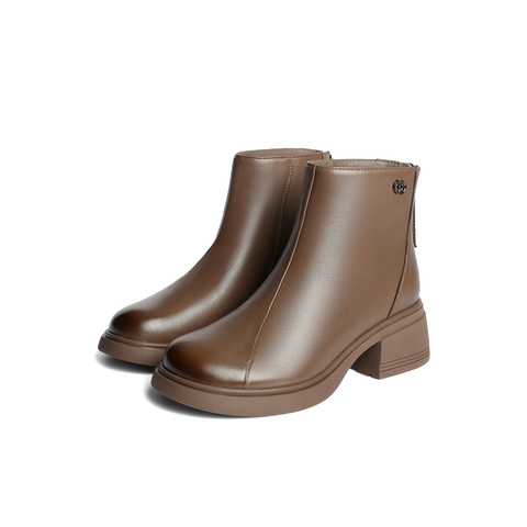 森达休闲靴女2025冬季新款商场同款百搭粗跟短皮鞋XRM01DD5