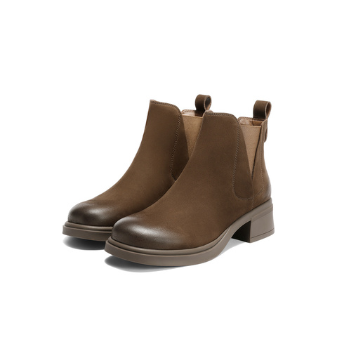 森达切尔西靴女2025冬季新款商场同款简约粗跟短皮靴4CU53DD5