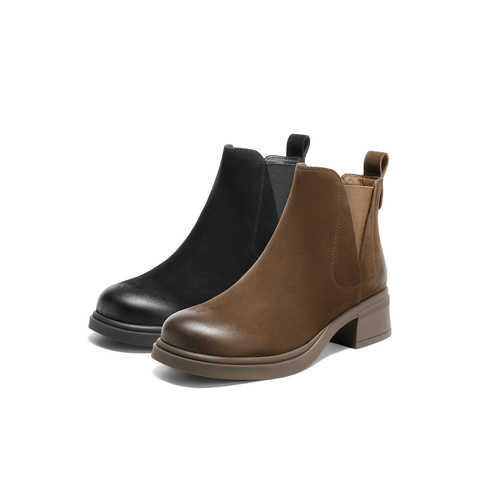 森达切尔西靴女2025冬季新款商场同款简约粗跟短皮靴4CU53DD5