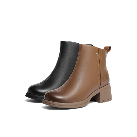 森达休闲靴女2025冬新商场同款简约粗高跟短皮靴4PQ52DD5