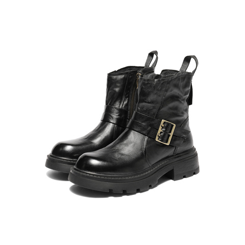 森达时装靴女2025冬新商场同款抓纹皮带扣潮流中筒靴XTJ01DZ5