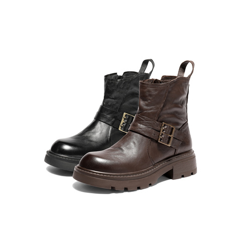 森达时装靴女2025冬新商场同款抓纹皮带扣潮流中筒靴XTJ01DZ5