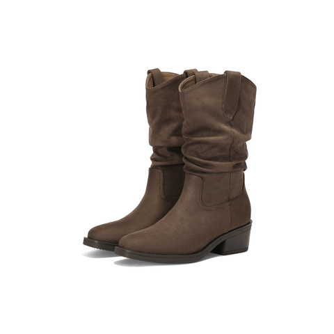 森达西部靴女2025年冬新潮流粗跟休闲堆堆靴长筒靴ZTI62DG5