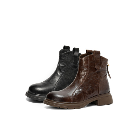 森达休闲靴女2025冬季新款抓纹做旧潮流休闲短皮靴ZTI08DD5