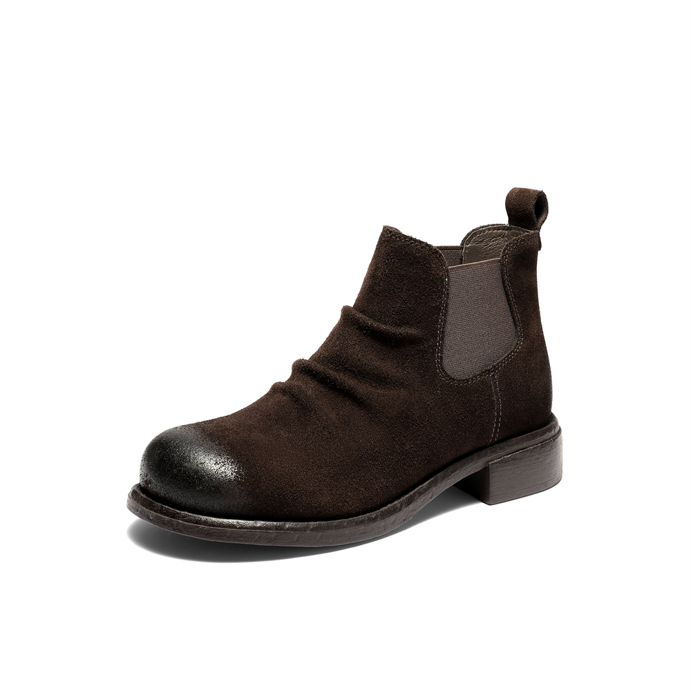 森达切尔西靴女2025冬新潮流褶皱休闲粗跟短靴ZTI39DD5