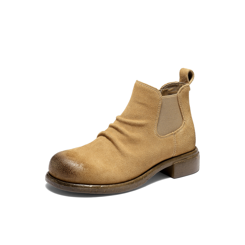 森达切尔西靴女2025冬新潮流褶皱休闲粗跟短靴ZTI39DD5