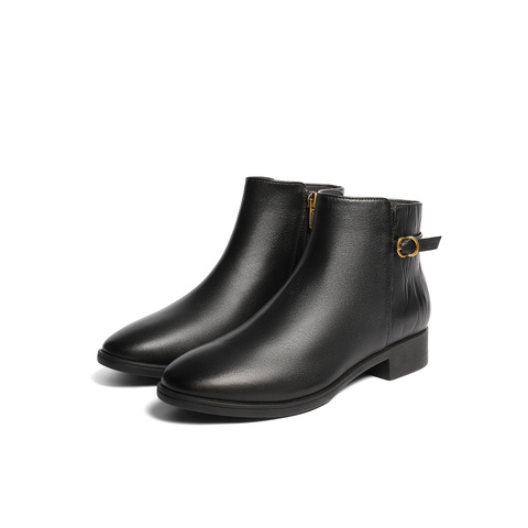 森达休闲靴女2025冬季新款商场同款百搭粗跟短皮鞋4T6B5DD5