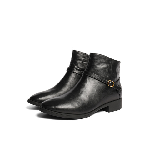 森达休闲靴女2025冬季新款真皮抓纹粗跟短皮鞋4T6C2DD5