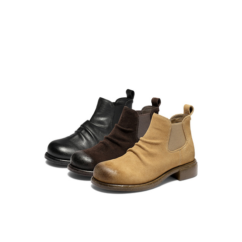 森达切尔西靴女2025冬新潮流褶皱休闲粗跟短靴ZTI39DD5