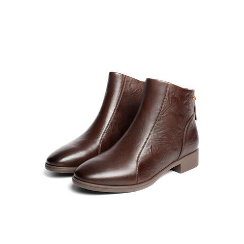 森达休闲靴女2025冬季新款商场同款抓纹皮短皮鞋4T649DD5