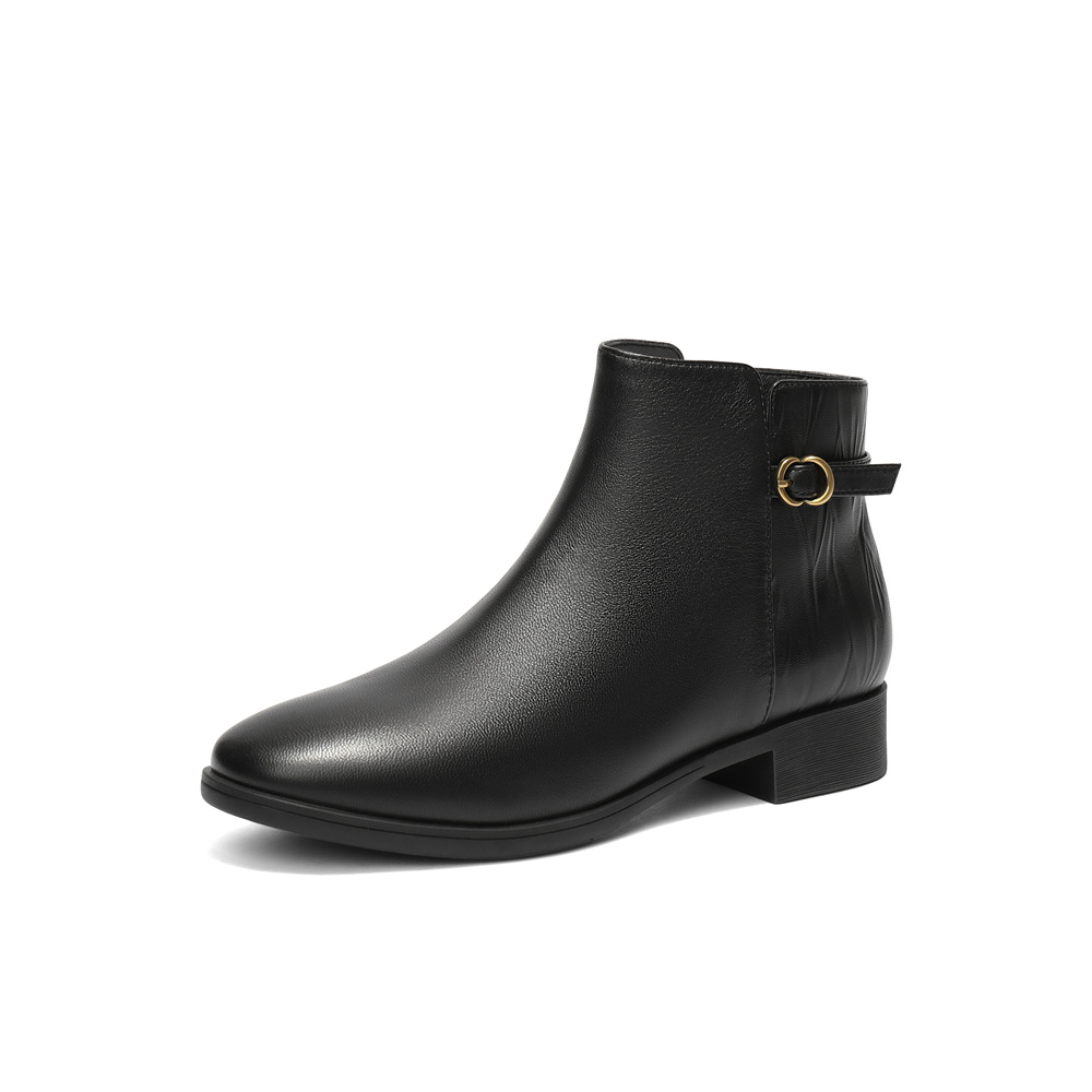 森达休闲靴女2025冬季新款商场同款百搭粗跟短皮鞋4T6B5DD5