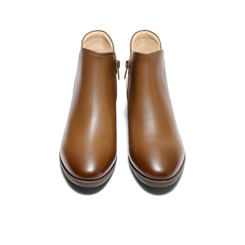 森达休闲靴女2025冬季新款时尚百搭粗跟短皮鞋4T6C1DD5