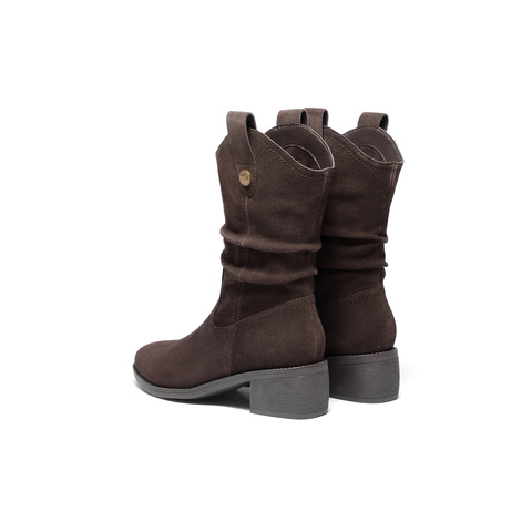 森达西部靴女2025冬新商场同款粗跟皱皱烟筒中筒靴4QH60DZ5