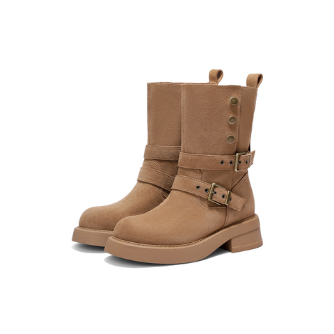 森达西部靴女2025冬新商场同款欧美皮带扣中筒靴XVV01DZ5