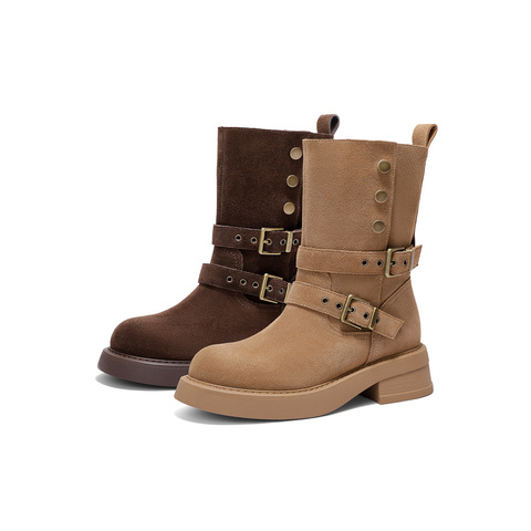森达西部靴女2025冬新商场同款欧美皮带扣中筒靴XVV01DZ5