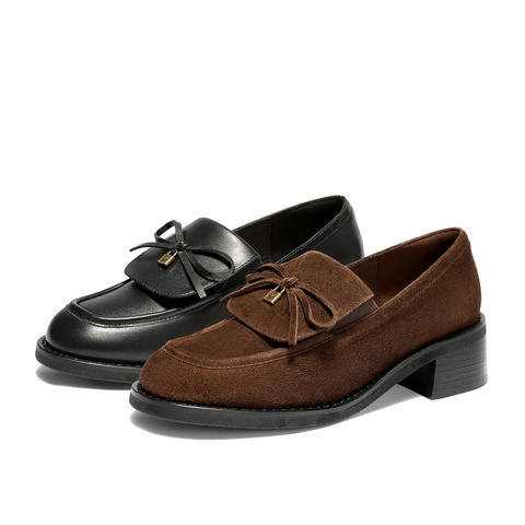 森达乐福鞋女款2026春新蝴蝶结一脚蹬粗跟通勤单鞋ZTJ11AA6