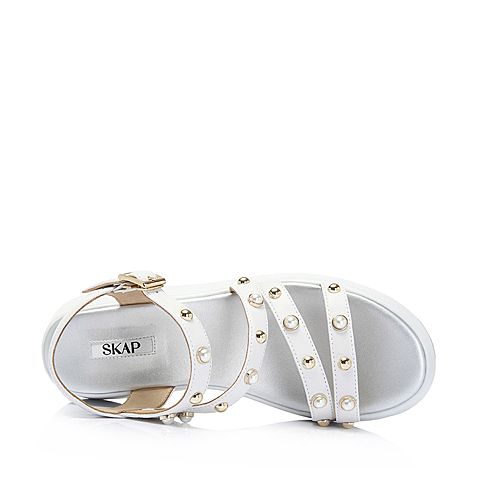 SKAP/圣伽步夏季新款白色羊皮珍珠坡跟女凉鞋15815002