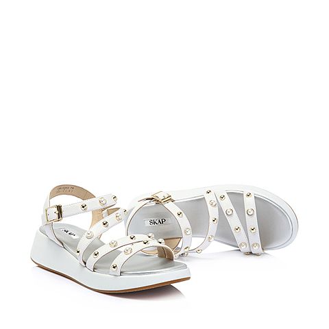SKAP/圣伽步夏季新款白色羊皮珍珠坡跟女凉鞋15815002