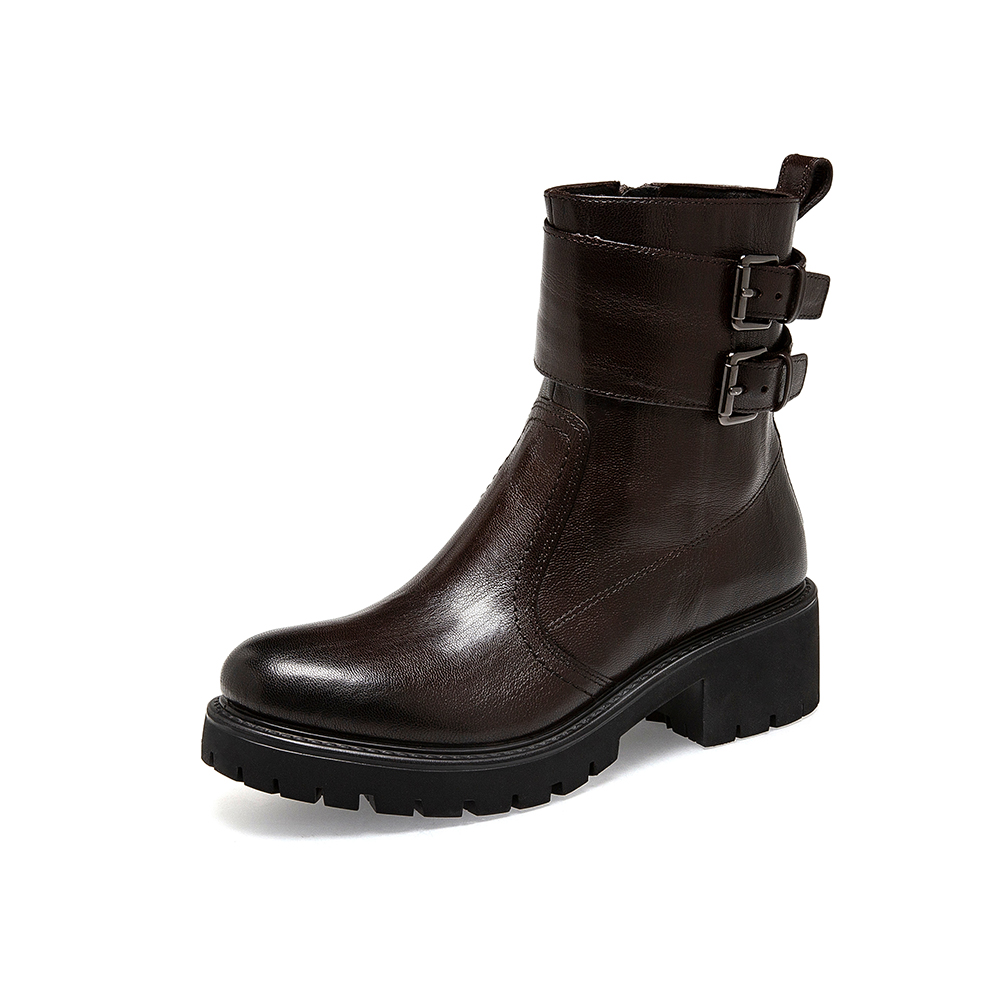 SKAP圣伽步2022冬季新款商场同款皮带扣粗跟女靴中筒靴AAH05DZ2