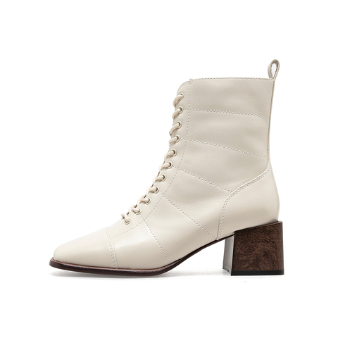 SKAP圣伽步2022冬季新款商场同款绗缝复古高跟女短靴ACM01DD2