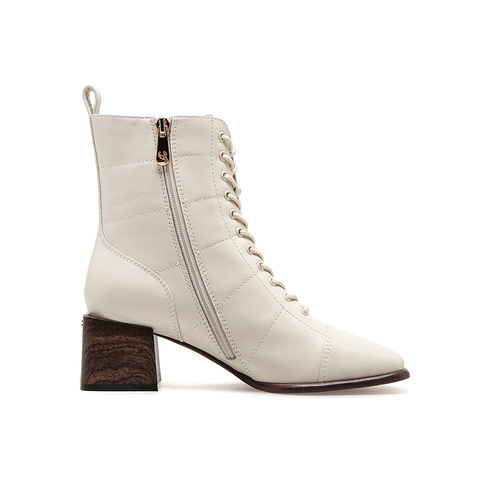 SKAP圣伽步2022冬季新款商场同款绗缝复古高跟女短靴ACM01DD2
