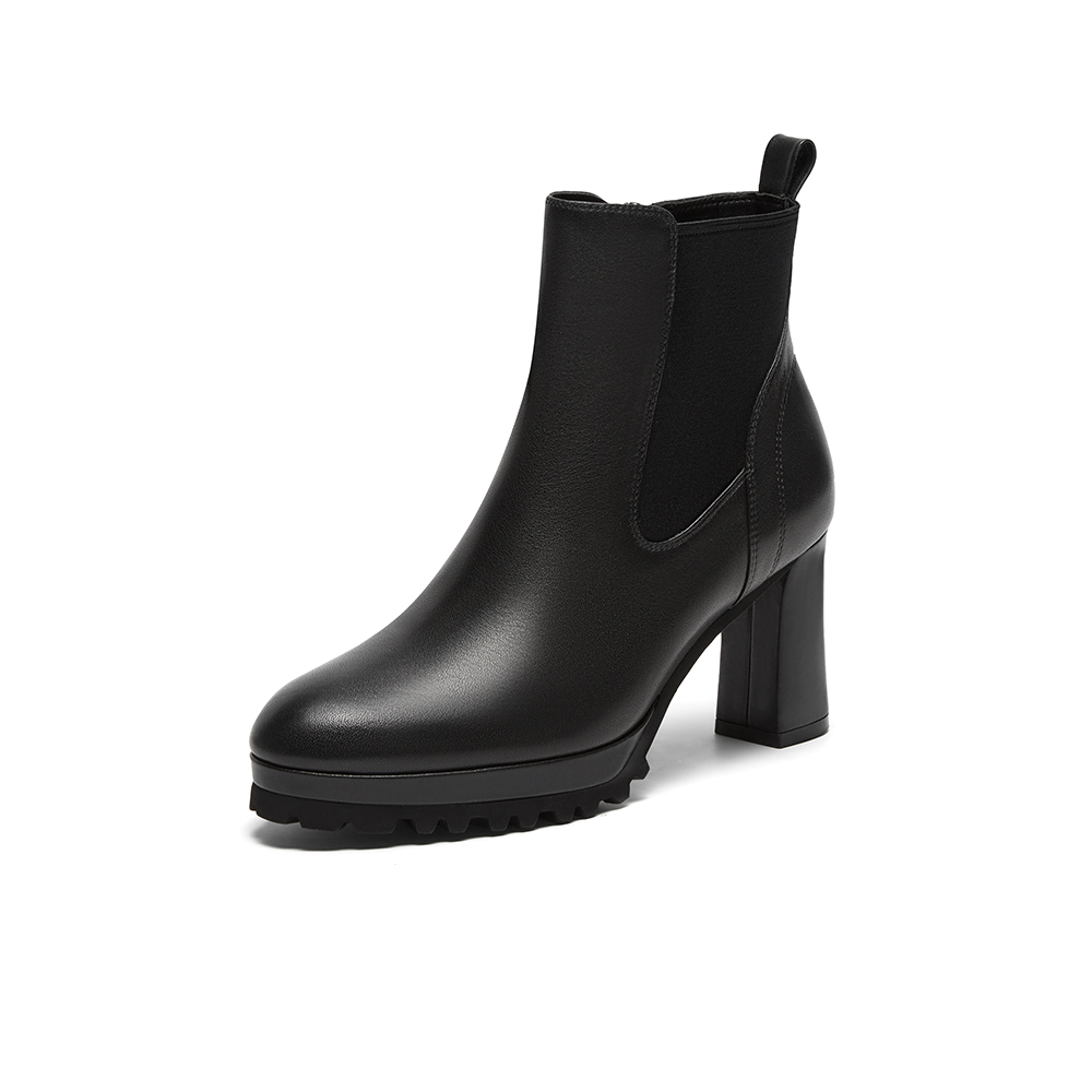 SKAP圣伽步2024冬季新款弹力靴时尚粗跟短靴女士款高跟时装靴子