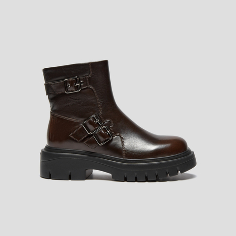 SKAP圣伽步女鞋2025冬季新款复古短靴增高搭扣舒适短筒女款休闲靴