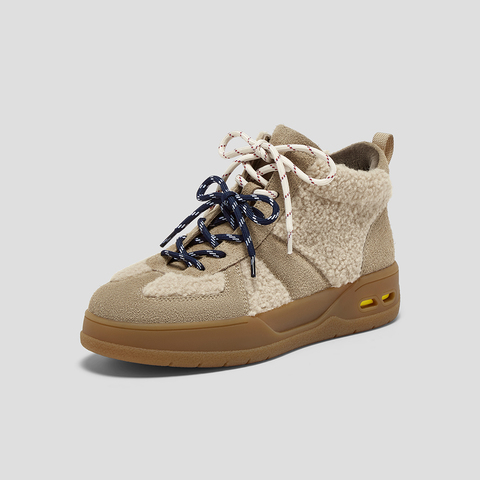 SKAP圣伽步女鞋2025冬季新款短靴双鞋带保暖毛绒增高女款休闲靴