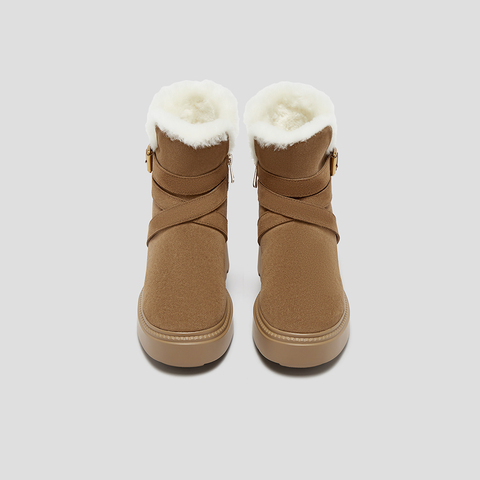 SKAP圣伽步女鞋2025冬季新款休闲短靴保暖复古绑带舒适女款雪地靴