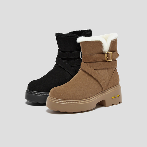 SKAP圣伽步女鞋2025冬季新款休闲短靴保暖复古绑带舒适女款雪地靴