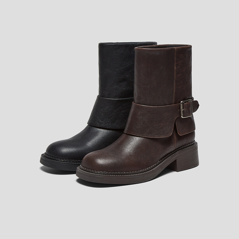 SKAP圣伽步女鞋2025冬季新款短筒休闲靴轻质粗跟英伦女款时装靴