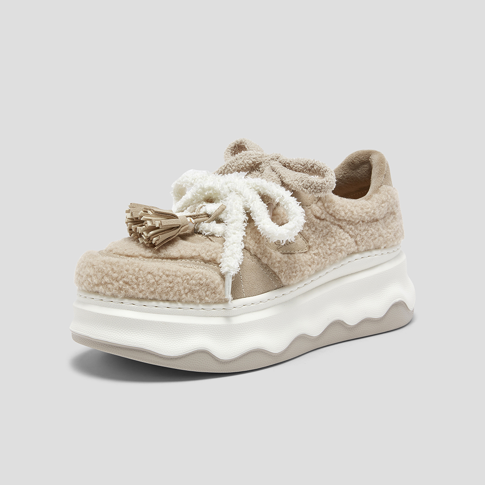 SKAP圣伽步女鞋2025秋季新款毛毛鞋增高保暖双鞋带加绒女款休闲鞋