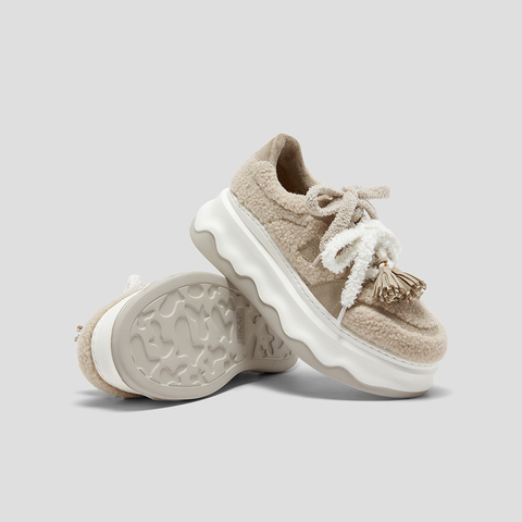 SKAP圣伽步女鞋2025秋季新款毛毛鞋增高保暖双鞋带加绒女款休闲鞋