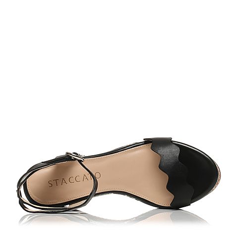 STACCATO/思加图夏季专柜同款牛皮黑色波浪纹女皮凉鞋9FH09BL7