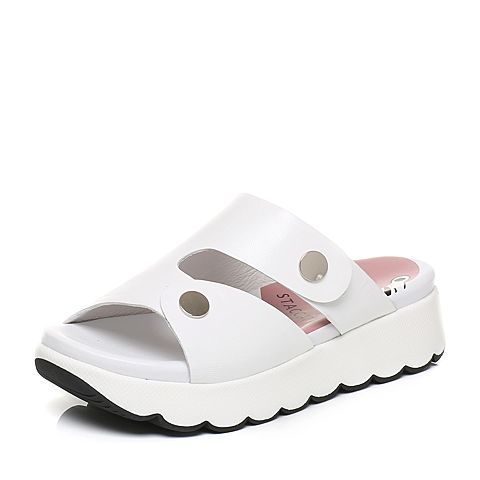 STACCATO/思加图夏季专柜同款白色软羊皮休闲女凉拖鞋9F205BT7