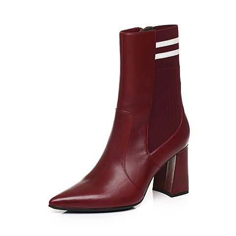 STACCATO/思加图冬季专柜同款红色牛皮尖头短筒女皮靴9J411DZ7
