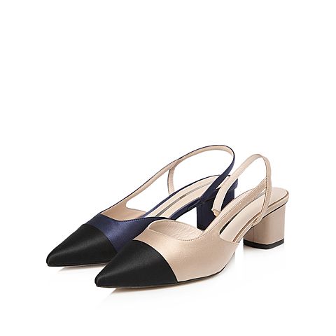 STACCATO/思加图2018春专柜同款真丝布面尖头粗跟凉鞋9YD22AH8