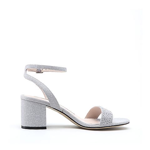 思加图2018年夏季专柜同款银色亮片布水钻装饰女凉鞋9E818BL8