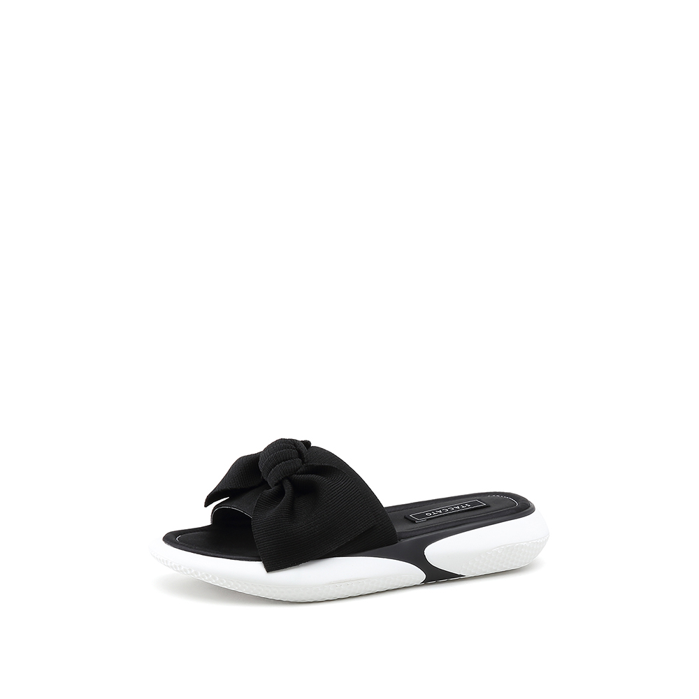 思加图2018年夏季专柜同款黑色毛线布蝴蝶结厚底休闲拖鞋9O104BT8
