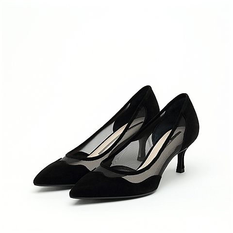 思加图春季新款黑色优雅气质中细跟尖头女浅口单鞋9S210AQ9