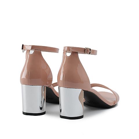 思加图夏季新款时尚漆皮粗高跟一字式扣带女纯凉鞋9DX01BL9