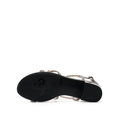 思加图夏季新款时尚亮片布简约粗中跟女纯凉鞋9US30BL9