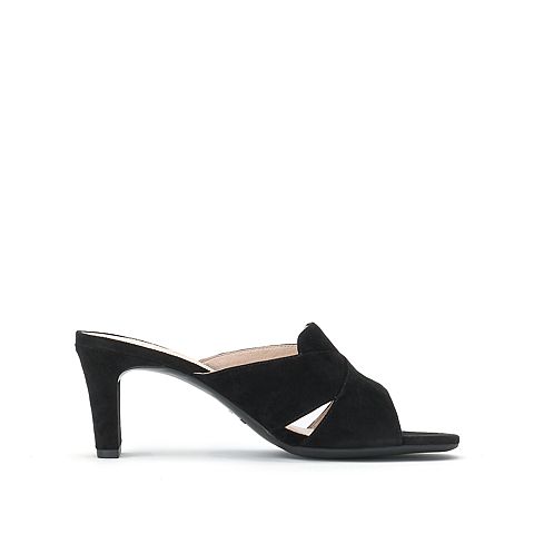 思加图夏季新款简约粗高跟露趾纯色绒面女凉拖鞋9DY01BT9