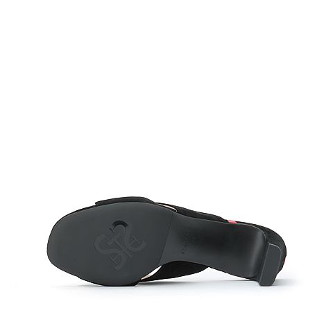 思加图夏季新款简约粗高跟露趾纯色绒面女凉拖鞋9DY01BT9