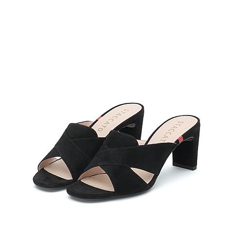 思加图夏季新款简约粗高跟露趾纯色绒面女凉拖鞋9DY01BT9