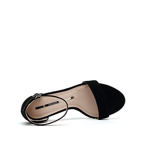 思加图春季新款黑色优雅粗高跟一字式扣带女纯凉鞋9VN28BL9